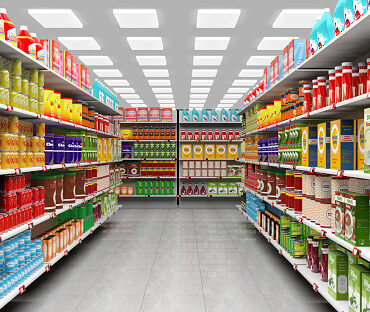 Supermarket interior with shelves full of various products. Supermarket interior with shelves full of various products.