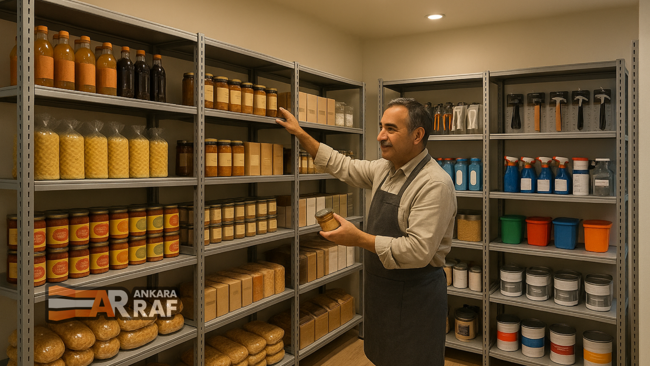 Modern, düzenli bir küçük perakende mağaza içi; metal terek raf sistemleri üzerinde kategorilere ayrılmış ürünler ve rafları düzenleyen orta yaşlı Türk esnaf – verimli alan kullanımı, organize yerleşim ve ticari raf çözümleri vurgulanıyor.