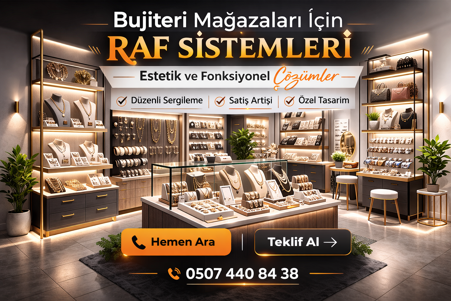 Bujiteri mağazaları için estetik ve fonksiyonel raf sistemleri, vitrin ve duvar raf çözümleri